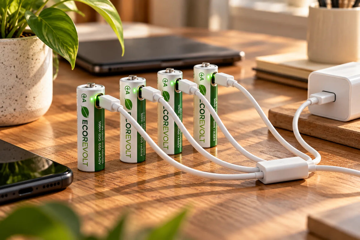 Patru baterii reîncărcabile EcoRevolt AA conectate la încărcat prin cablu USB-C, pe un birou
