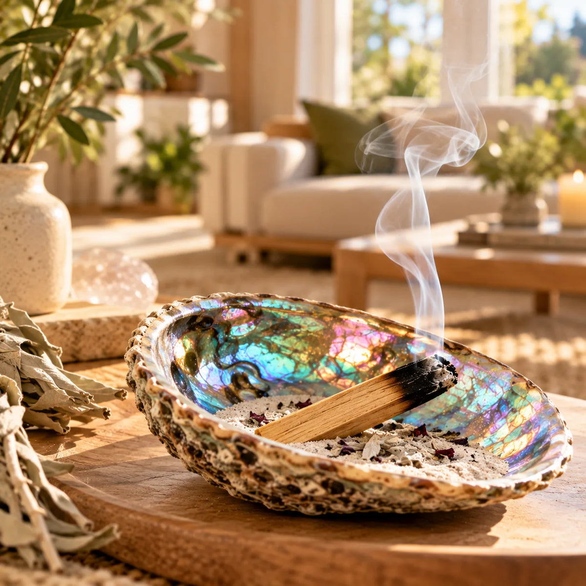 Cochilie de abalone cu nisip și un bețișor de Palo Santo fumegând, într-o sufragerie