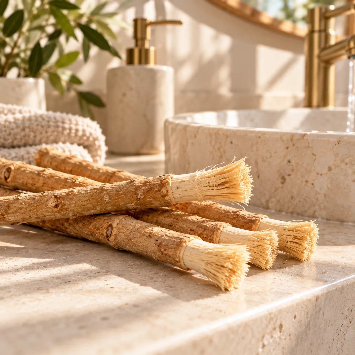 Bețișoare de miswak din lemn natural cu fibre desfăcute, pe o chiuvetă din piatră
