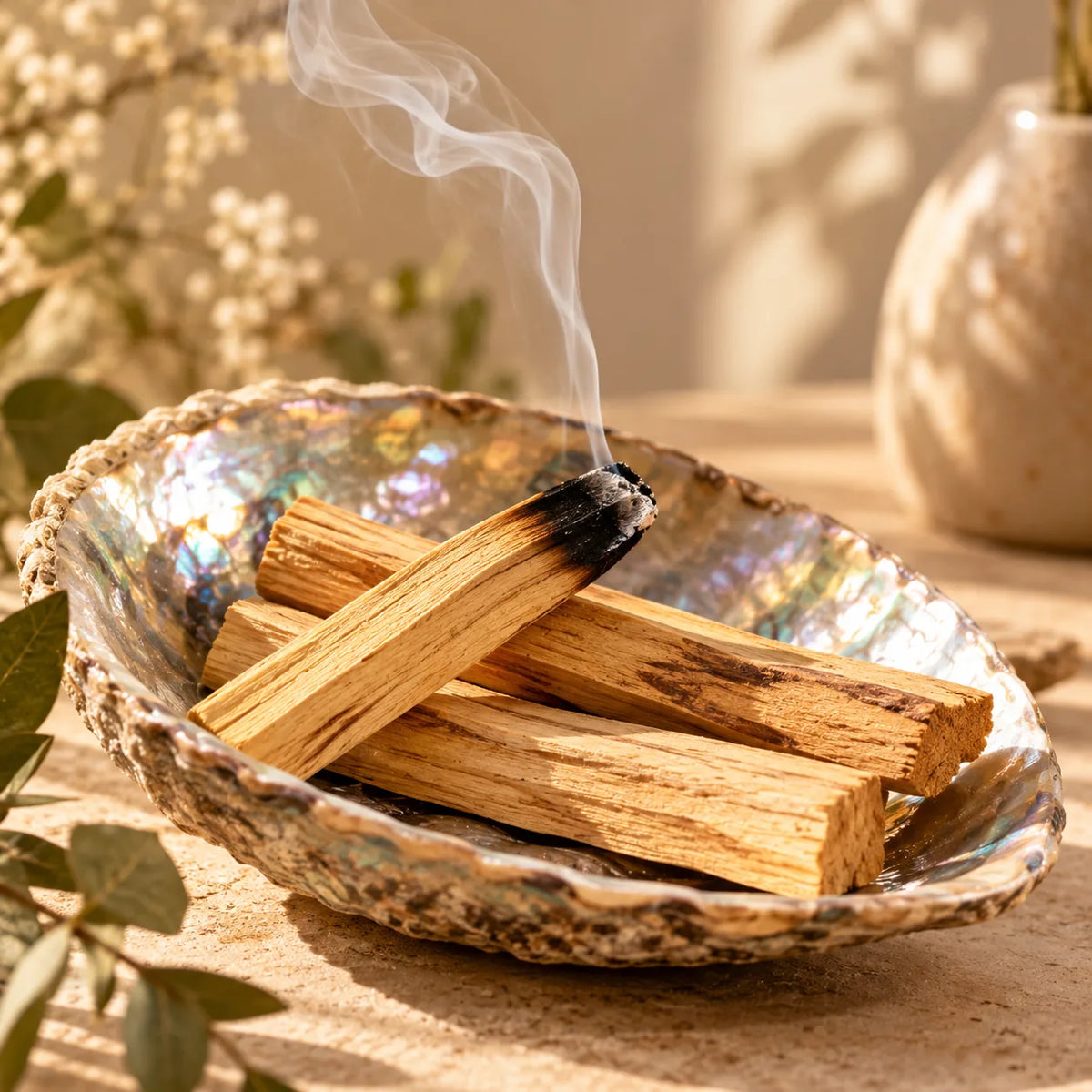 Bețișoare de Palo Santo, unul fumegând, într-o cochilie de abalone