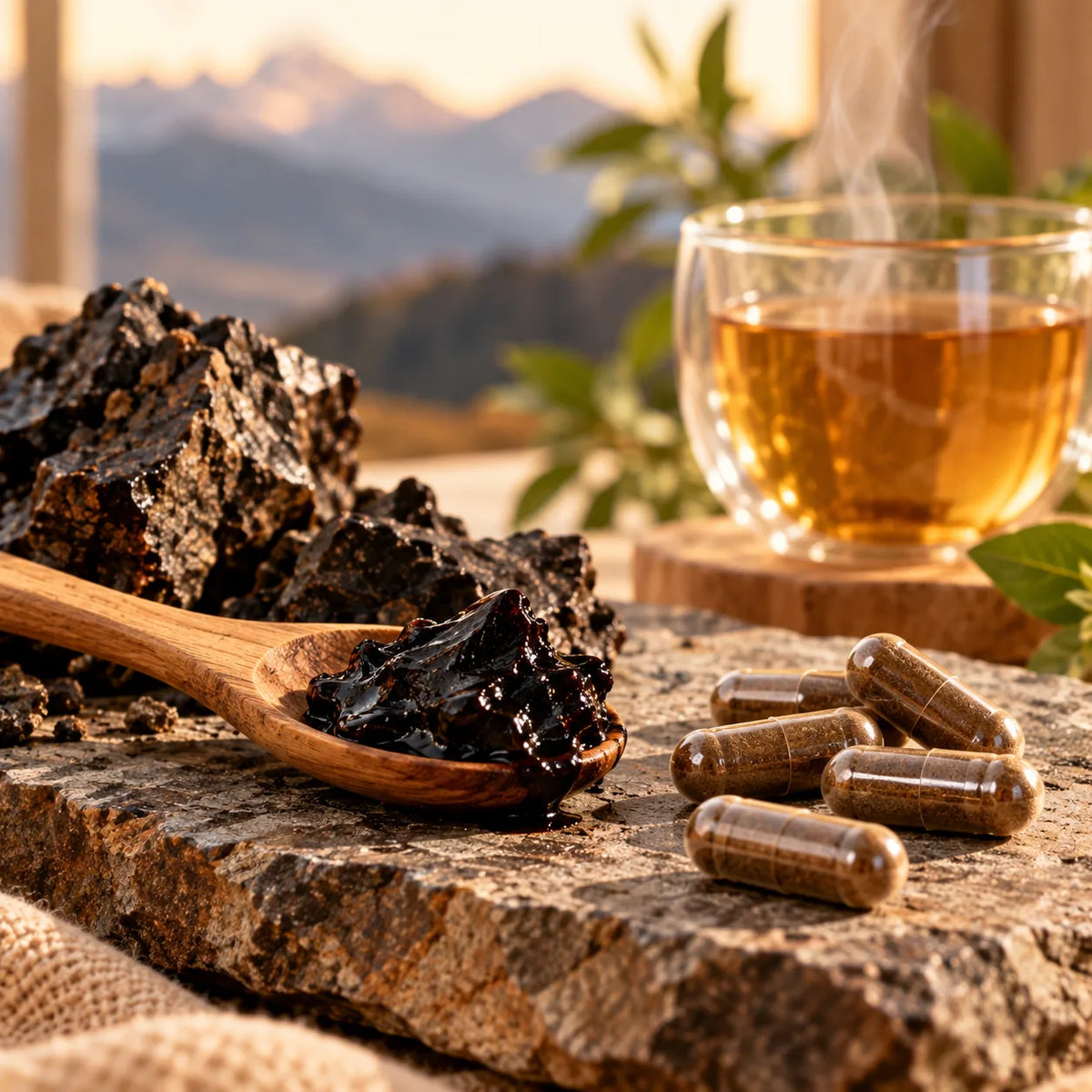 Rășină de shilajit într-o linguriță din lemn și capsule de shilajit pe o placă de piatră