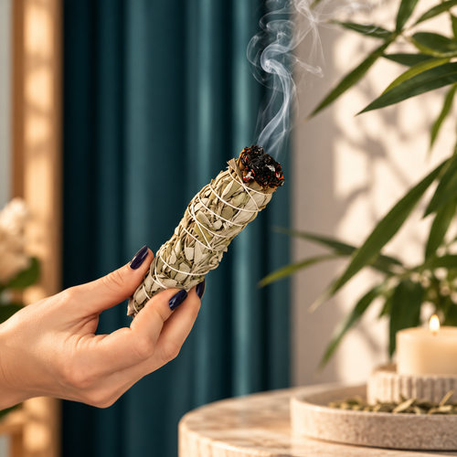 Baton de fumigație din salvie albă Holistic – aprins într-un interior cald