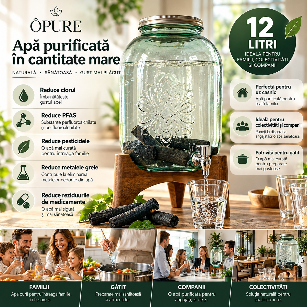 Fântână de apă ÔPURE 12L din sticlă reciclată – apă purificată cu cărbune Binchotan