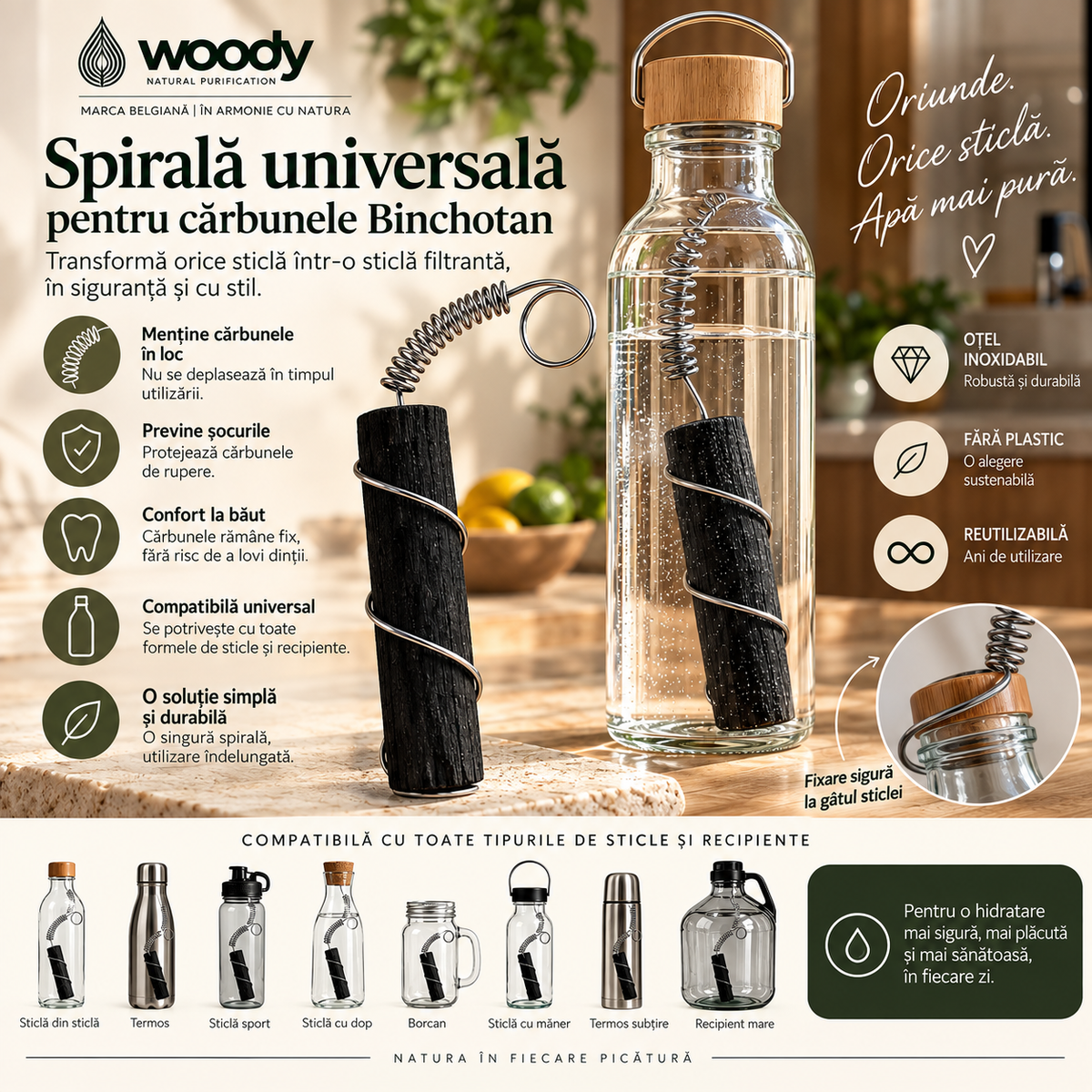 Spirală inox cu baton Binchotan Woody – imagine 4