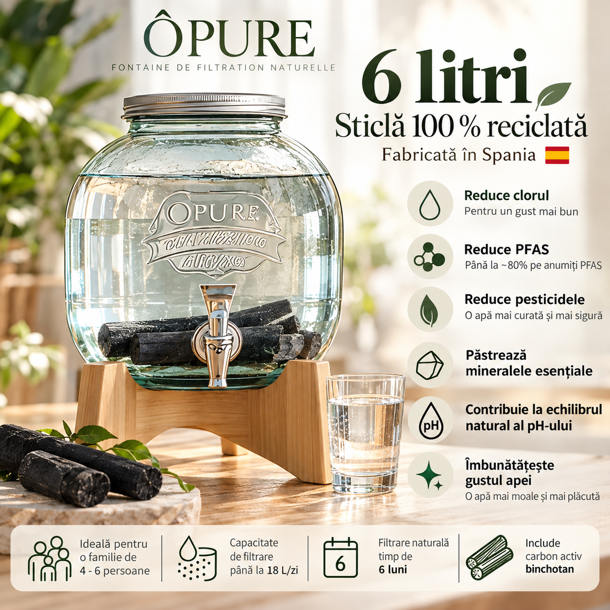 Fântână de apă ÔPURE 6L din sticlă reciclată – filtrare naturală cu Binchotan