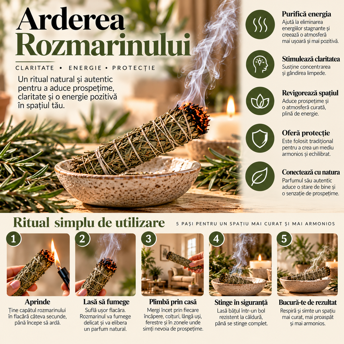 Baton de fumigație din rozmarin Holistic – ghid ilustrat de folosire