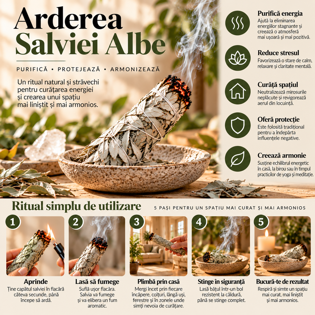 Baton de fumigație din salvie albă Holistic – ghid ilustrat de folosire