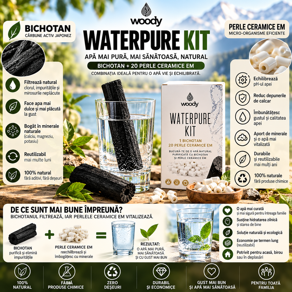 Kit inițiere Woody cu Binchotan și perle ceramice EM – infografic despre kit