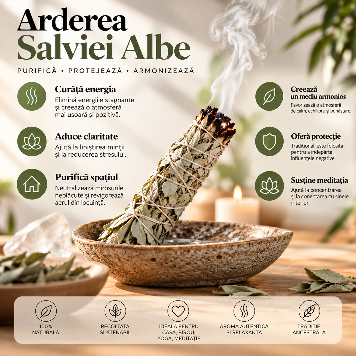 Baton de fumigație din salvie albă Holistic – infografic despre ritualul cu salvie