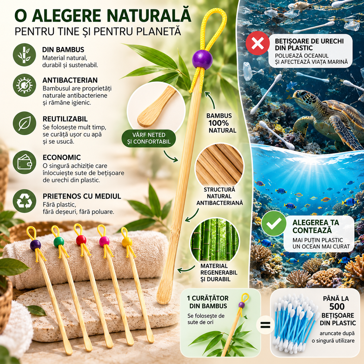 Curățitor de urechi din bambus Woody – infografic despre curățitorul din bambus