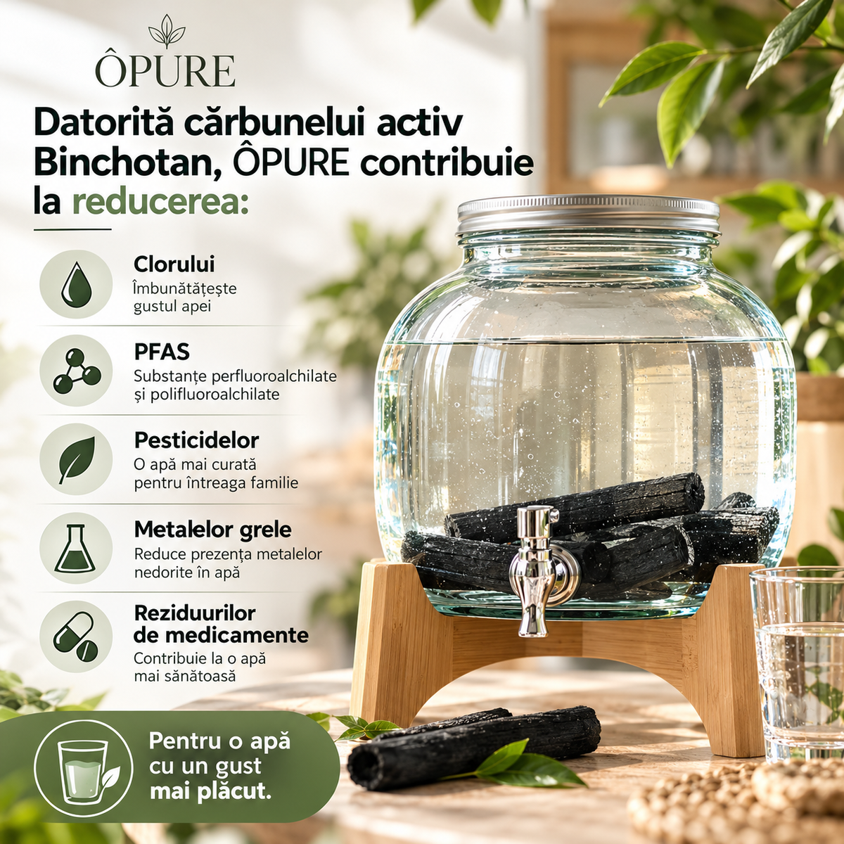 Fântână de apă ÔPURE 6L din sticlă reciclată – puritatea naturală a apei