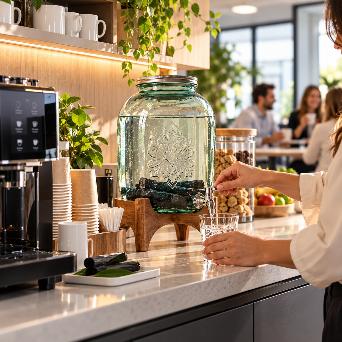 Fântână de apă ÔPURE 12L din sticlă reciclată – la birou, în pauza de cafea