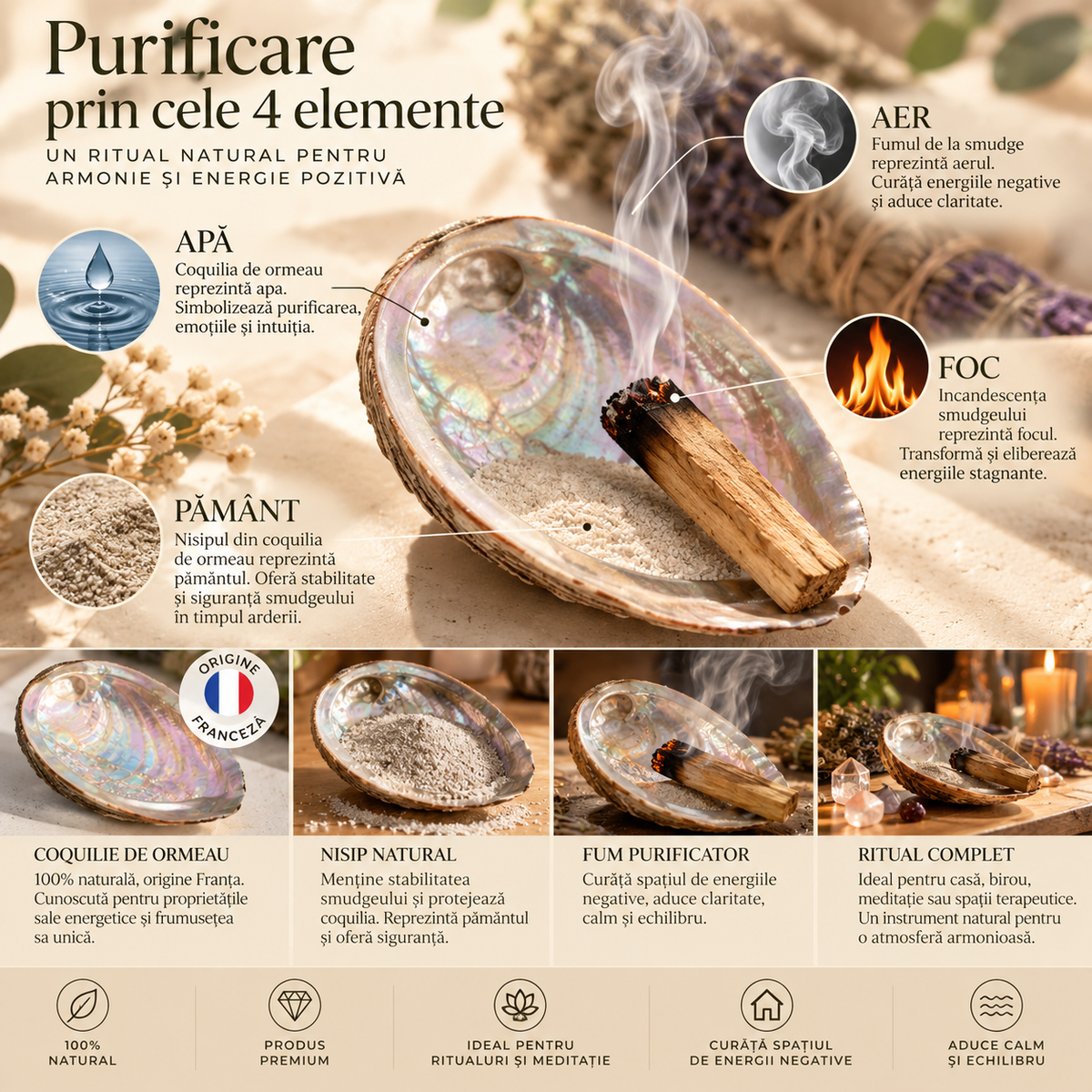 Cochilie naturală de abalone pentru fumigație – ritual de purificare cu cele patru elemente